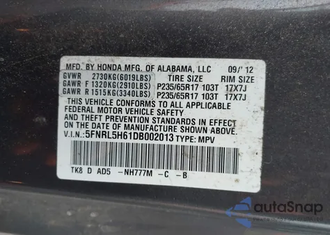2013 Honda Odyssey Ex-L from USA, damaged, VIN 5FNRL5H61DB002013